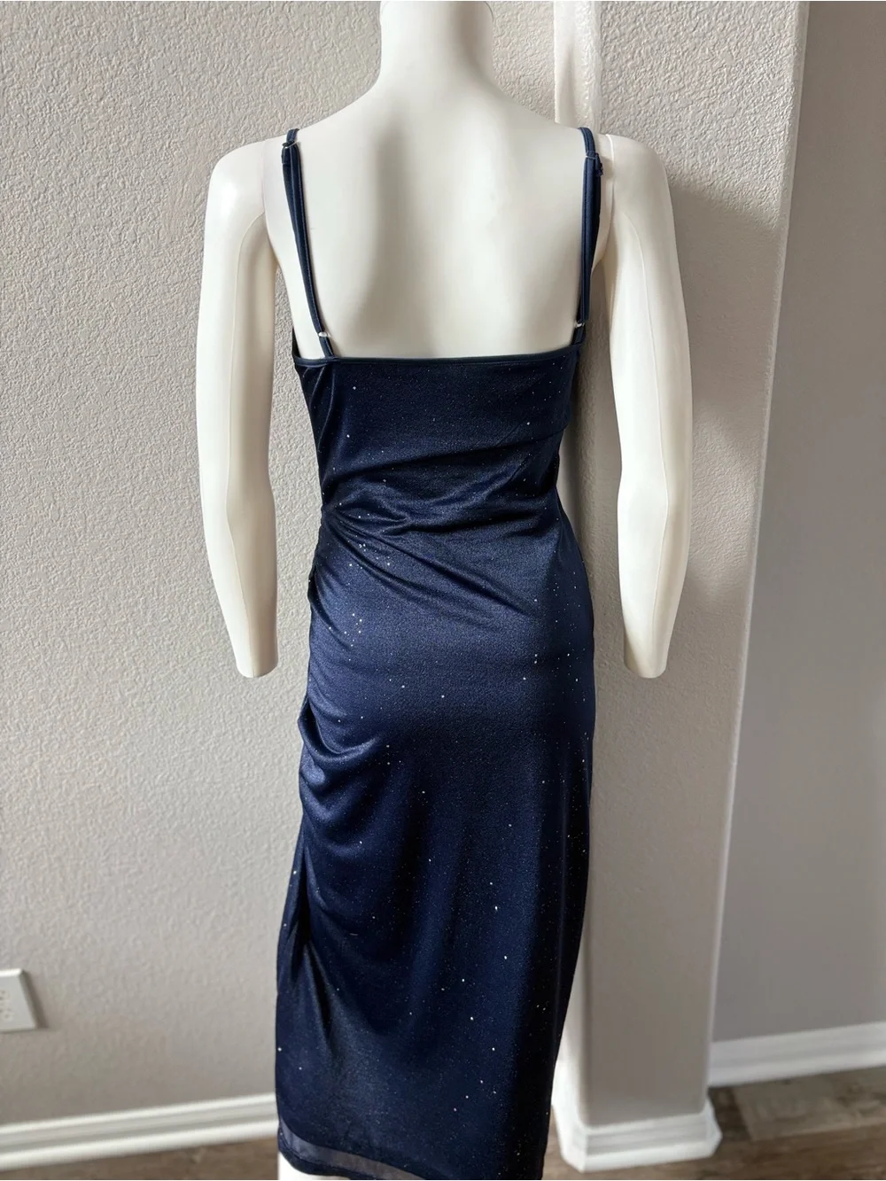 Navy Sparkle Cowl Neck Ruched Midi Dress